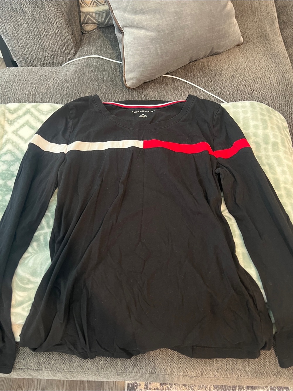 Tommy Hilfiger Black Long Sleeve Top with Red and Cream Stripe